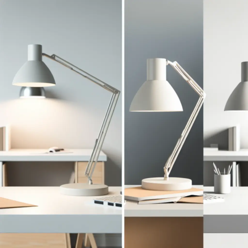 Scandinavisch geïnspireerde bureaulamp naast een laptop op een opgeruimd bureau