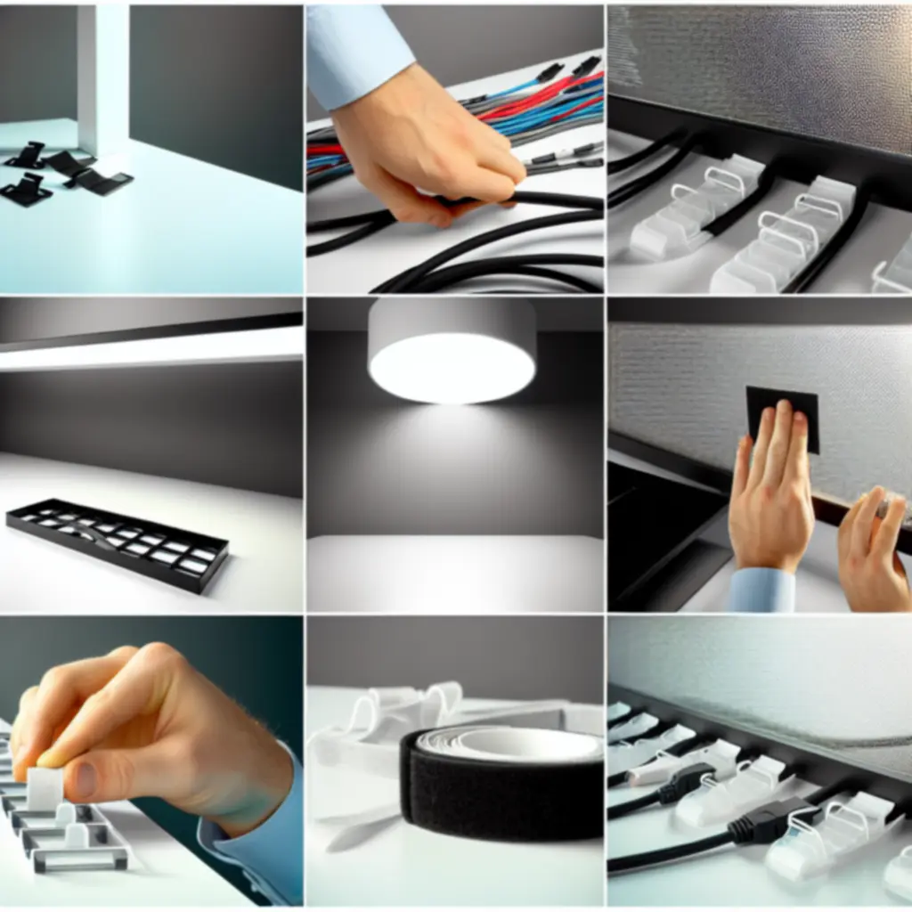 Kabelmanagement accessoires zoals clips en houders onder een bureau.