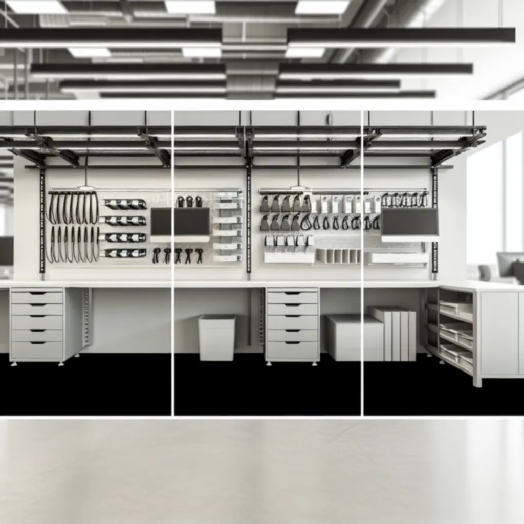 Strak kabelmanagement onder en op het bureau met verborgen kabelgoten en clips.