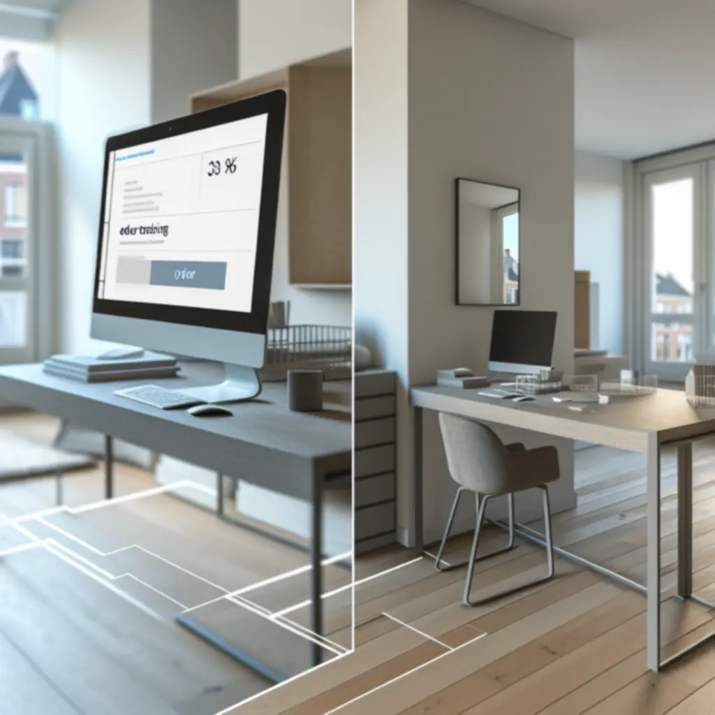 Minimalistische bureau-setup met een open trackingoverzicht op het scherm.