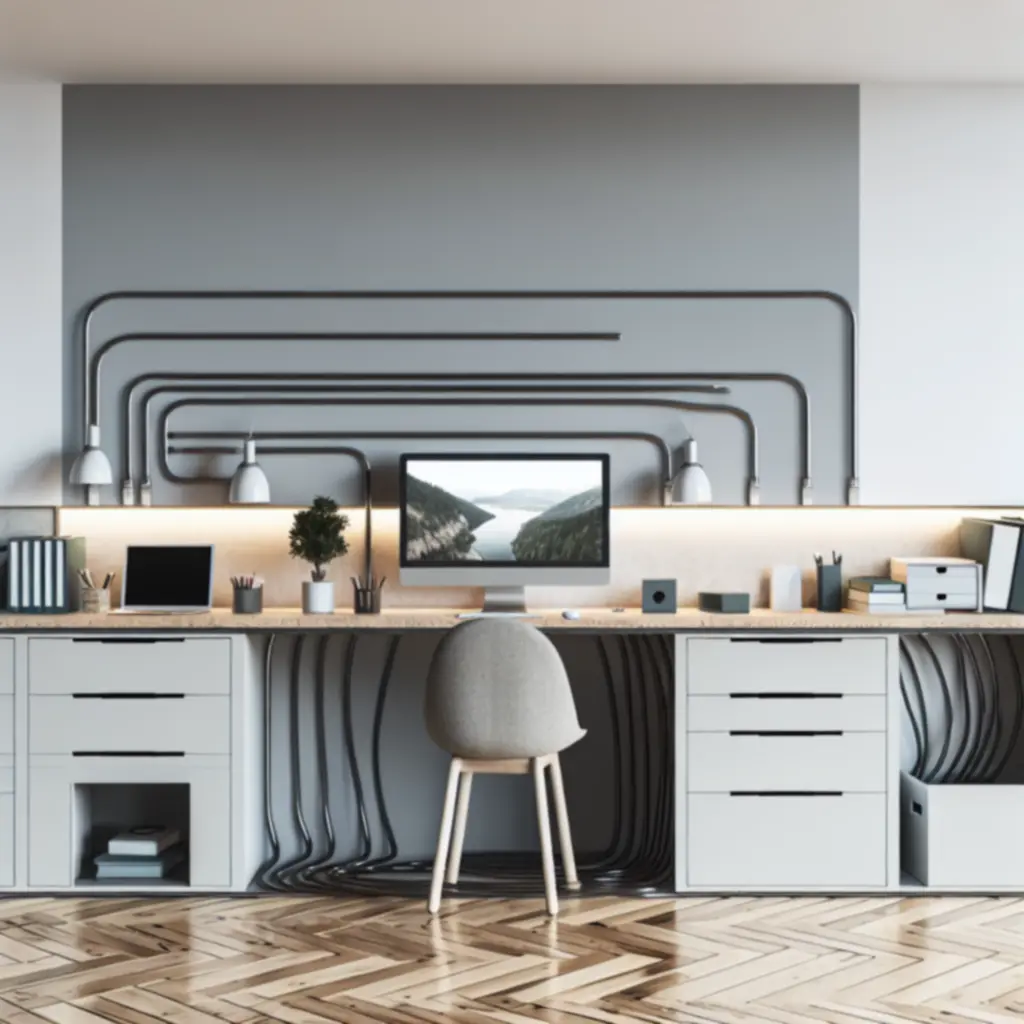 Stijlvolle bureausetup met netjes weggewerkte kabels en moderne accessoires.