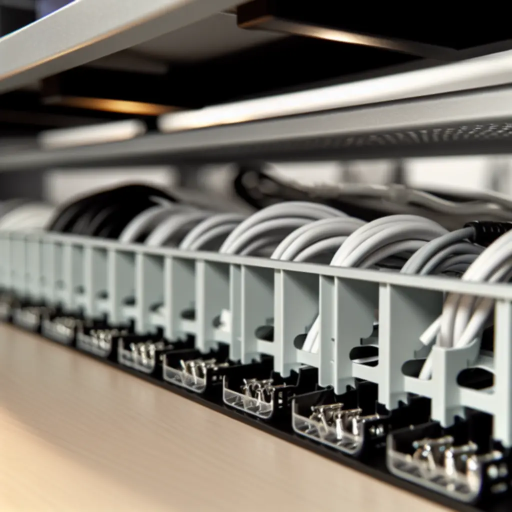 Strak weggewerkte kabels onder een bureau met kabelmanagement-oplossingen