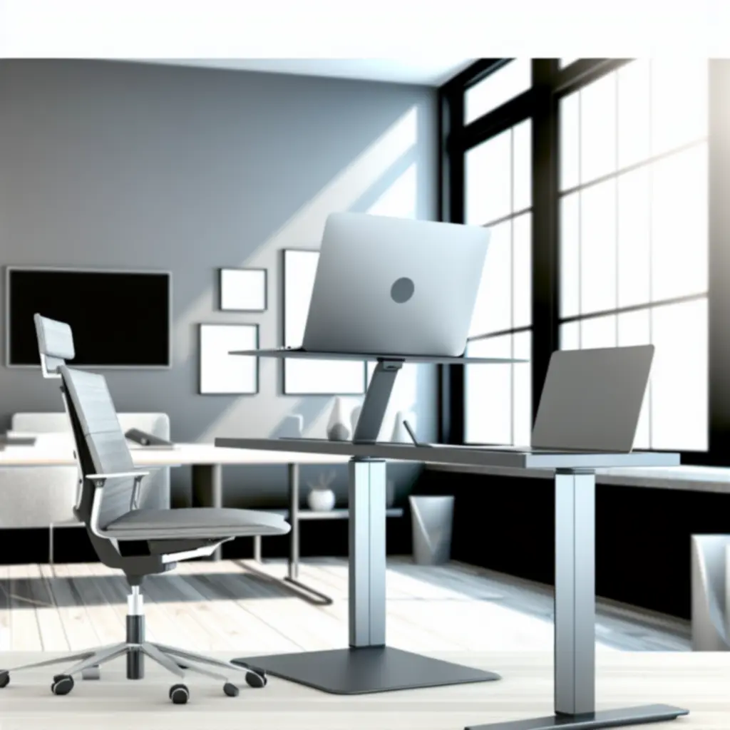 Verstelbare laptopstandaard met extern toetsenbord en muis op een opgeruimd bureau.