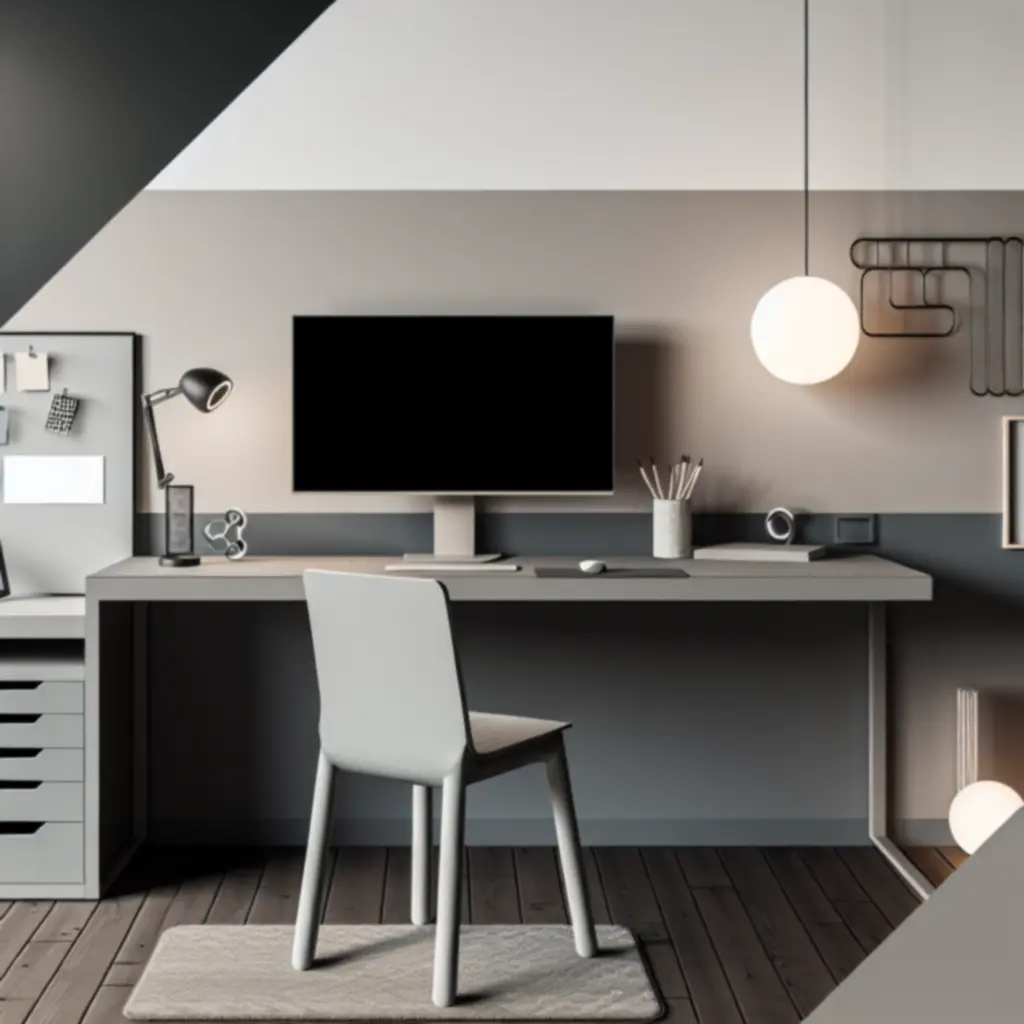 Moderne geüpgrade werkplek met een minimalistisch bureau, monitorstandaard en georganiseerde accessoires.