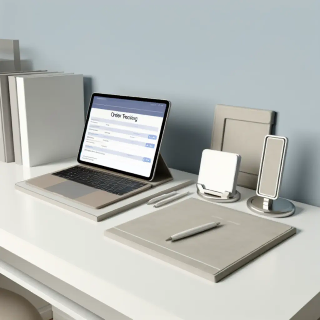 Bureau-opstelling met een scherm waarop de ordertracking van Deskavio wordt getoond