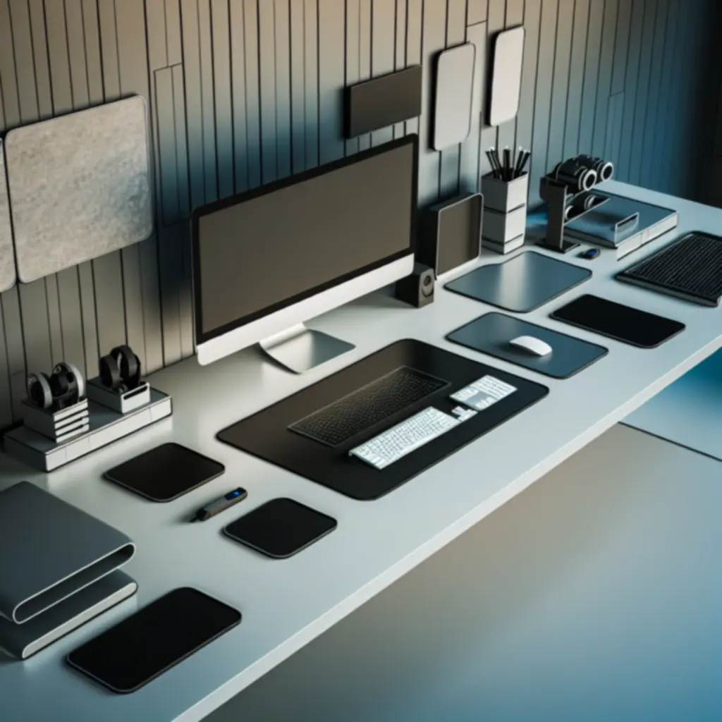 Overzicht van premium bureau-accessoires in een minimalistische werkpleksetup