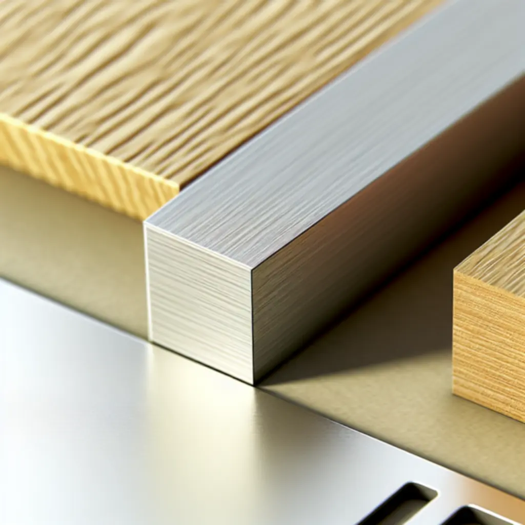 Close-up van Deskavio-stand met geborsteld aluminium, massief hout en verstevigd staal