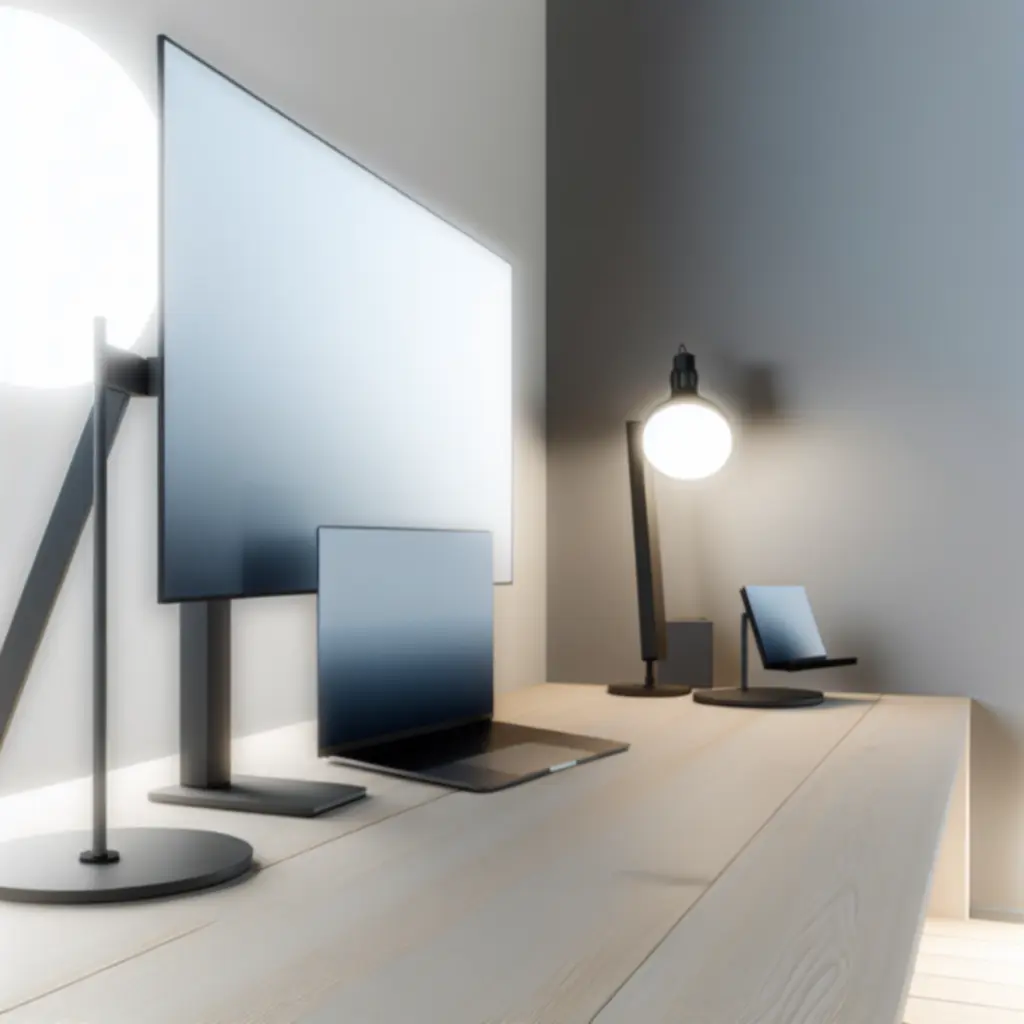 Minimalistische bureau-opstelling met monitor- en laptopstand uit de Deskavio-collectie